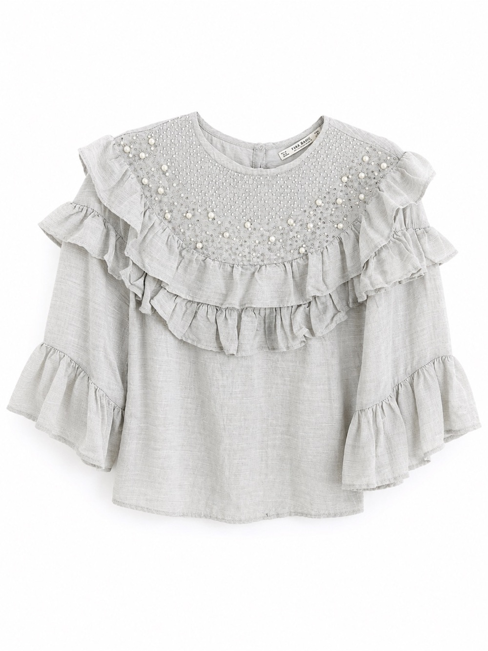 Zara Basic Beaded Pearl Ruffle Smocked Top Grey Oversized Size XS